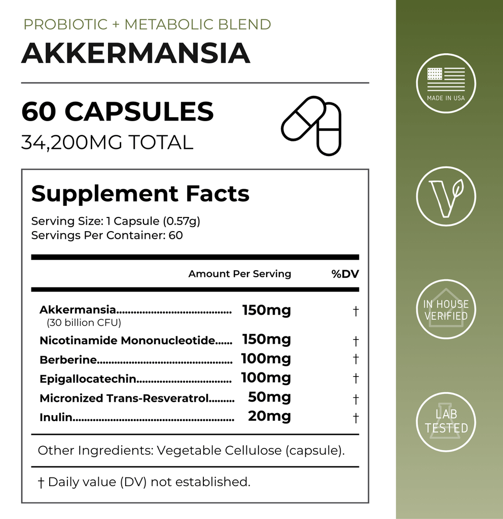 Neurogan Health Akkermansia probiotic supplement facts label showing capsules, vitamins, and supplement details.
