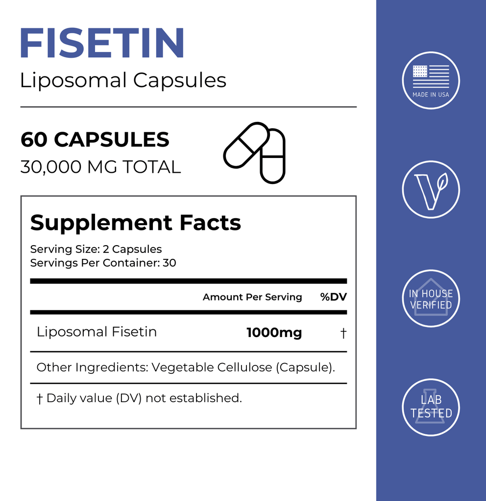 Liposomal Fisetin capsules supplement facts label from Neurogan Health, showing ingredient details and nutritional information.