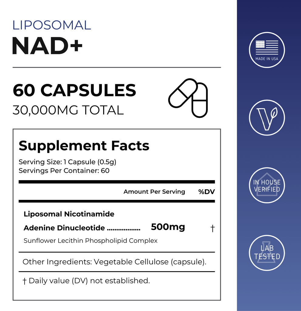 Liposomal NAD+ capsules from Neurogan Health, showing supplement facts label for vitamins and supplements.