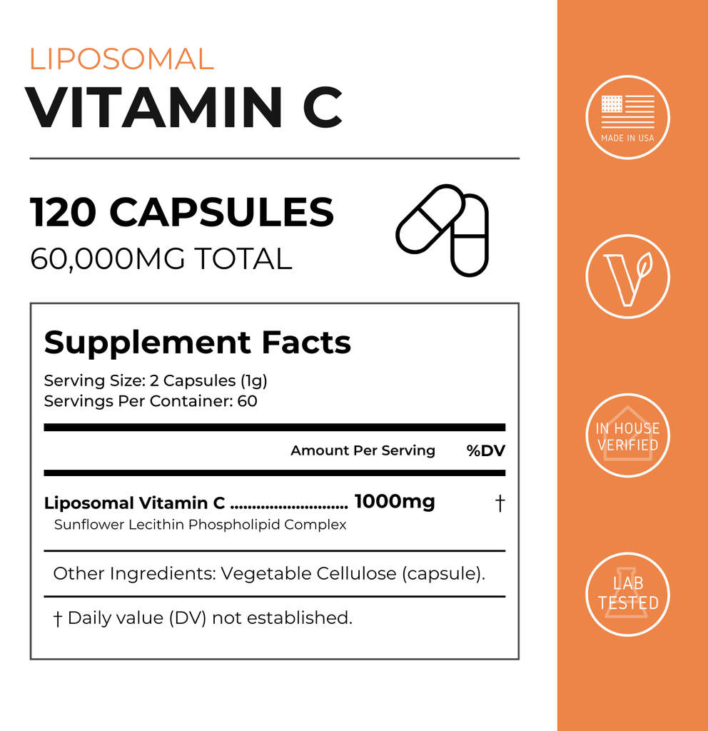 Supplement facts label for Neurogan Health Liposomal Vitamin C capsules, showing nutritional information and supplement details.