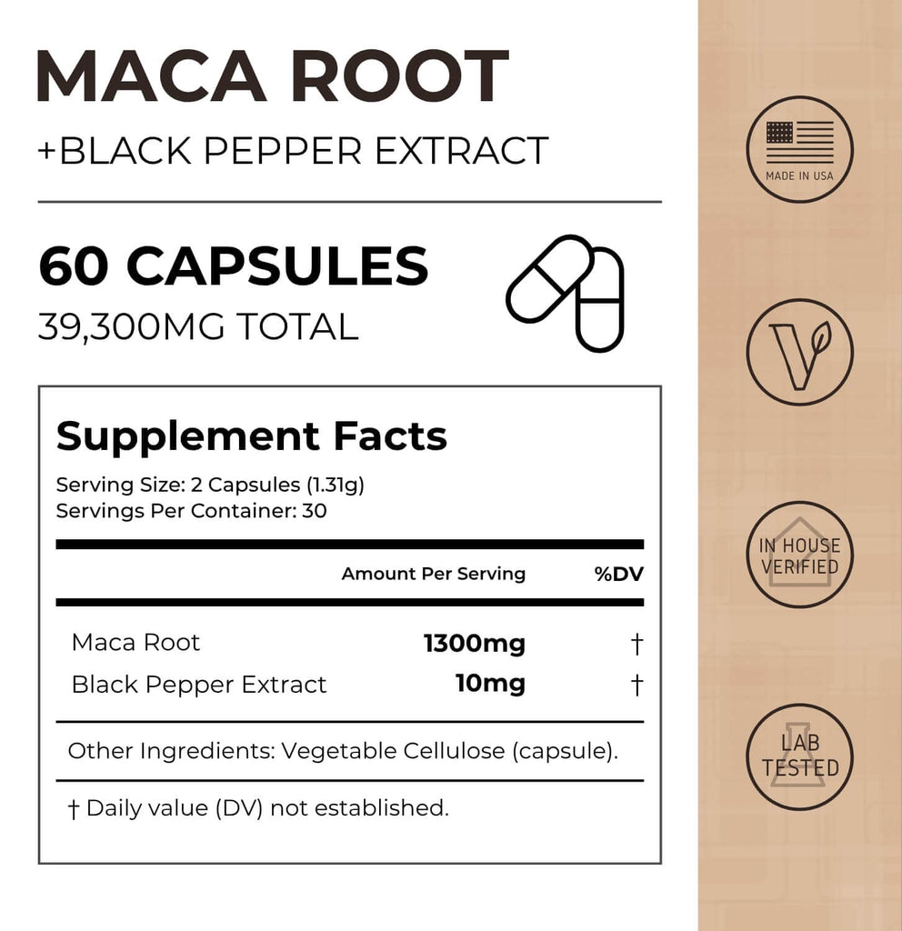 Neurogan Health Maca Root Capsules bottle with supplement facts label showing nutritional information and capsules inside