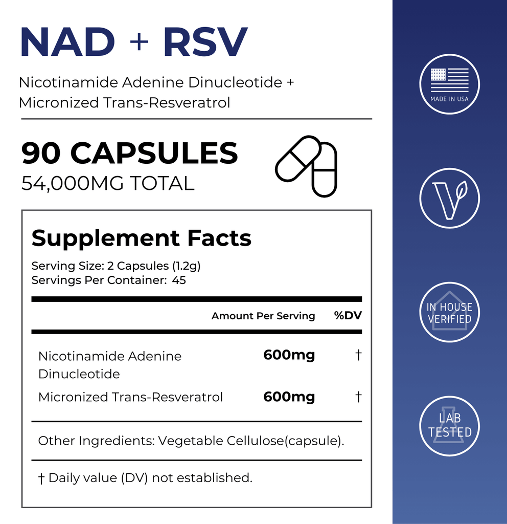 Neurogan Health NAD+ Resveratrol capsules supplement facts label showing details of vitamins and supplement ingredients.