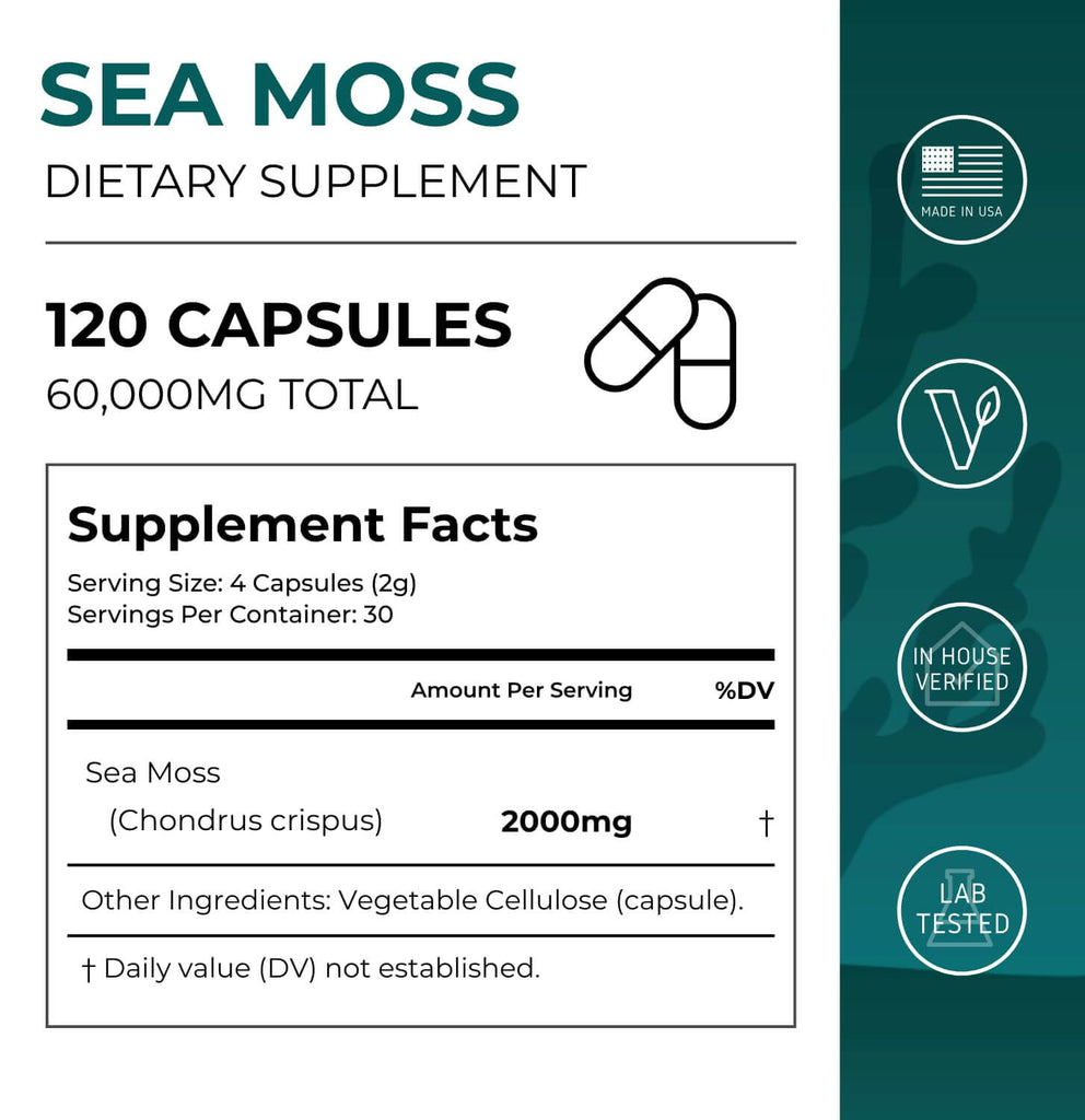 Neurogan Health Sea Moss Capsules bottle with supplement facts label showing nutritional information for vitamins and minerals.
