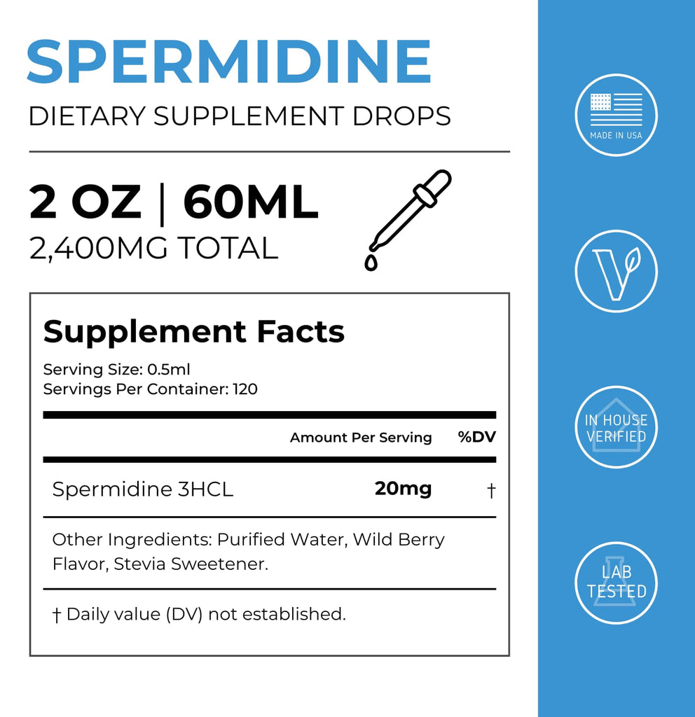 Neurogan Health spermidine drops supplement facts label showing ingredients and nutritional information.