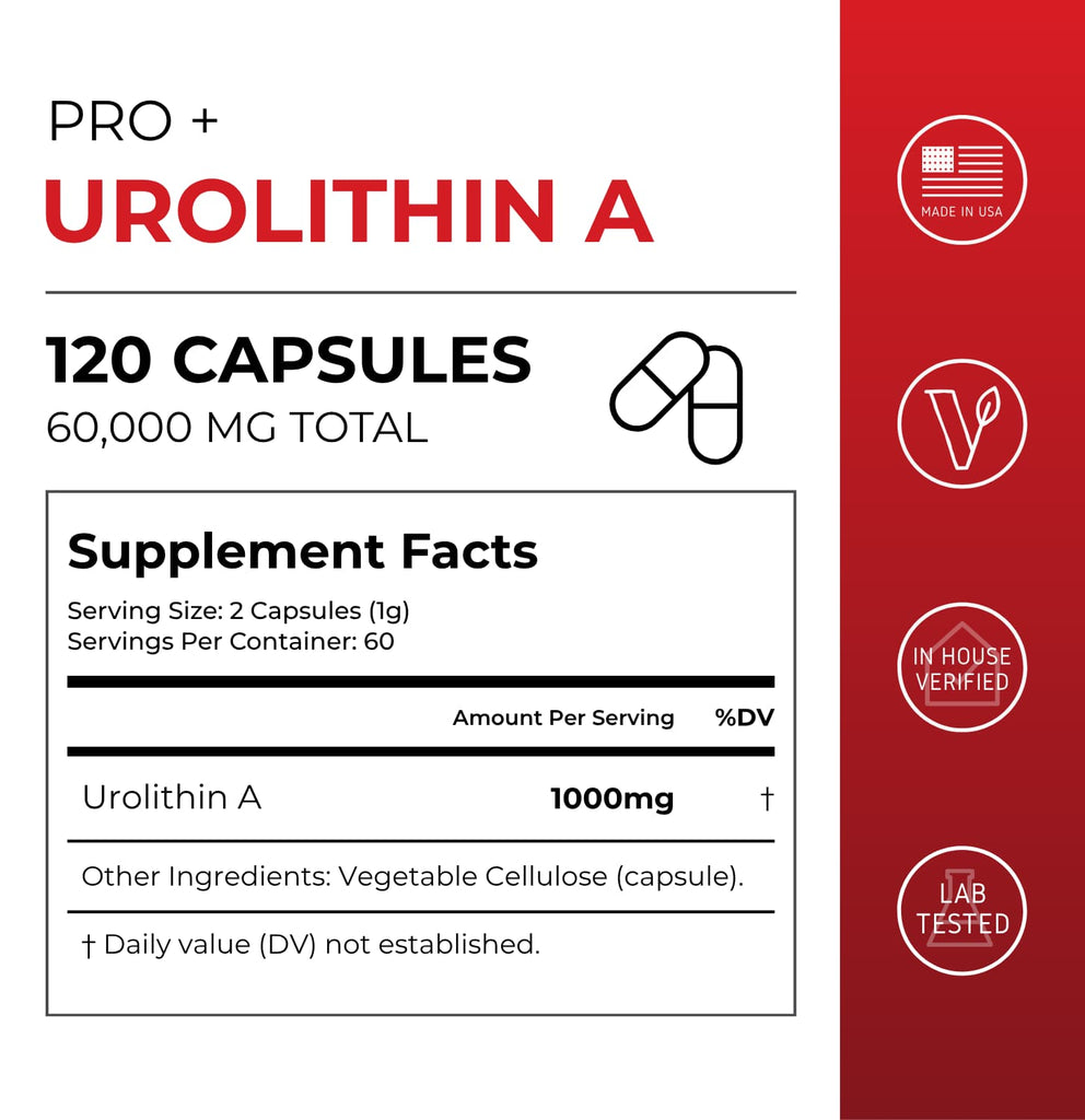 Supplement facts label for Neurogan Health Urolithin A Pro capsules showing ingredients and nutritional information.