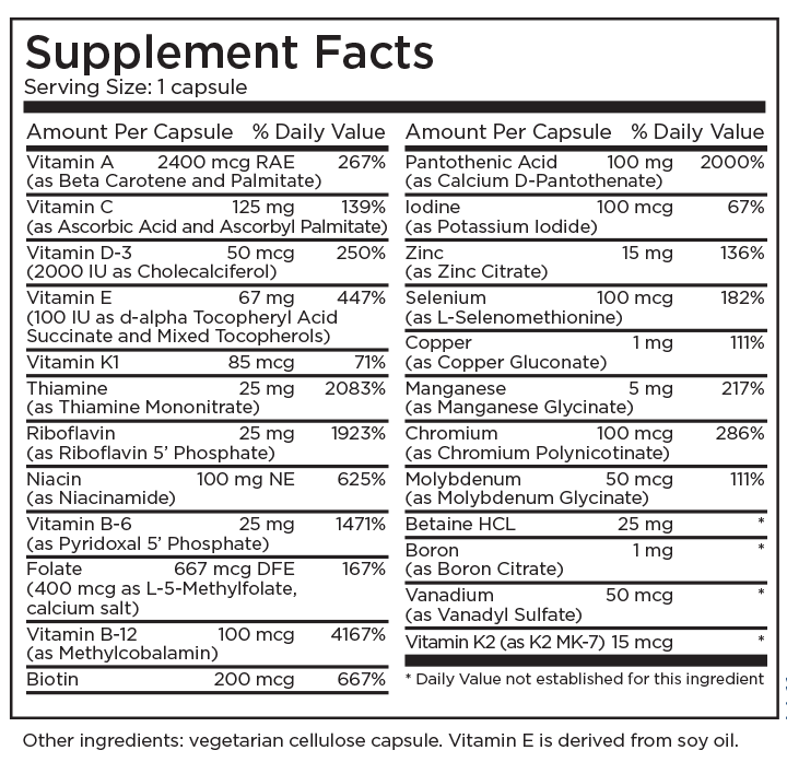 Bottle of The Big One Plus without Iron dietary supplement capsules by Metabolic Maintenance, shown in a clear view.