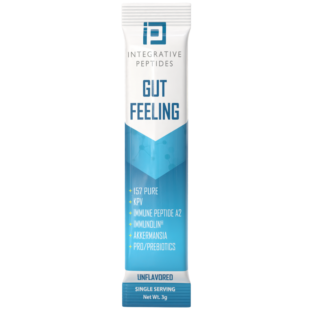 Unflavored Gut Feeling Peptides stick packs by Integrative Peptides, 45-count, showing individual sachets on a white background.
