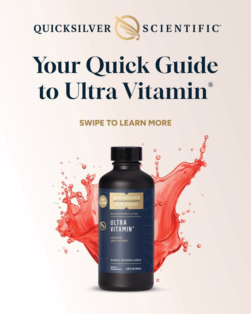 Bottle of Quicksilver Ultra Vitamin supplement in a 3.38 fl oz container on a plain background.