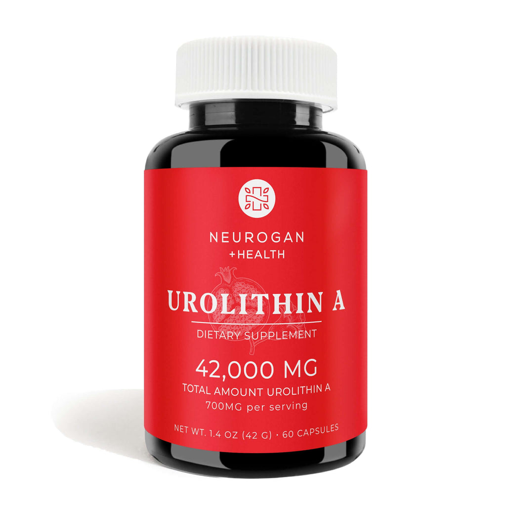 Neurogan Health Urolithin A capsules shown from the front with shadow, highlighting the supplement bottle on a neutral background.