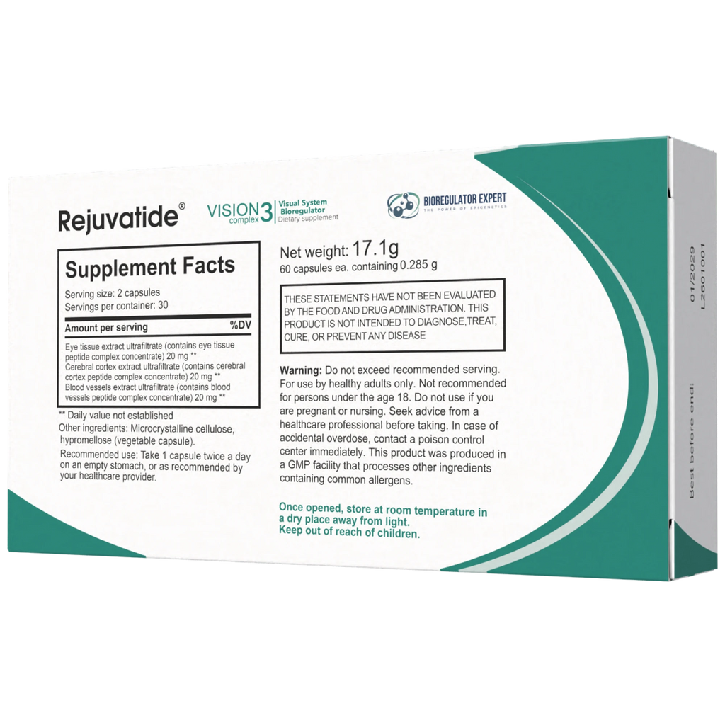 Close-up of Vision Complex bioregulator capsules by Integrative Peptides, showing the packaging and capsules for eye health.