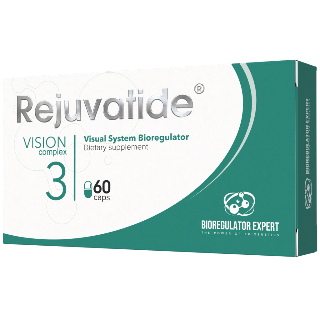 Vision Complex bioregulator capsules by Integrative Peptides, featuring a close-up of the bottle and capsules on a white background.