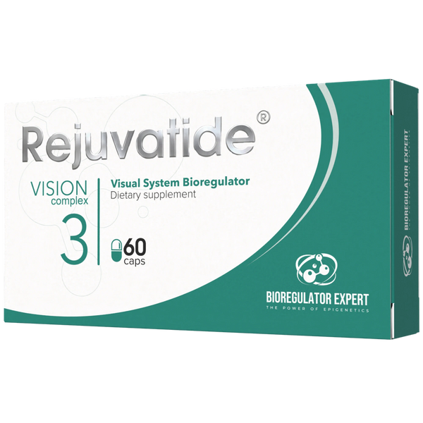 Vision Complex bioregulator capsules by Integrative Peptides, featuring a close-up of the bottle and capsules on a white background.