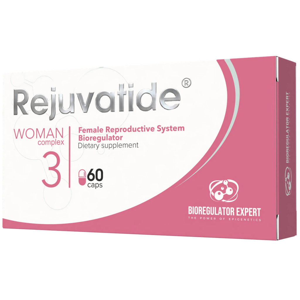 Woman Complex female reproductive system bioregulator capsules by Integrative Peptides, shown in a close-up of the bottle and capsules.