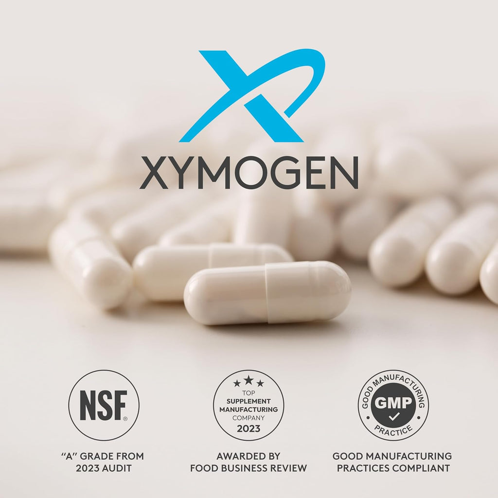 Close-up of XYMOGEN OmegaPure 820™ 120 softgel bottles, showing the softgel capsules and product label.