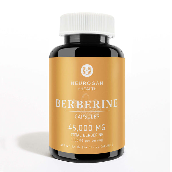 Neurogan Health Berberine capsules in a clear bottle, showing small yellow capsules for dietary supplement use.