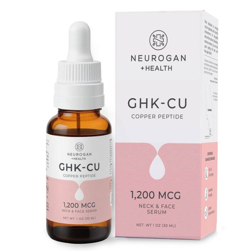 Neurogan Health GHK-Cu Copper Peptide serum bottle and applicator for face and neck skincare, shown side by side.