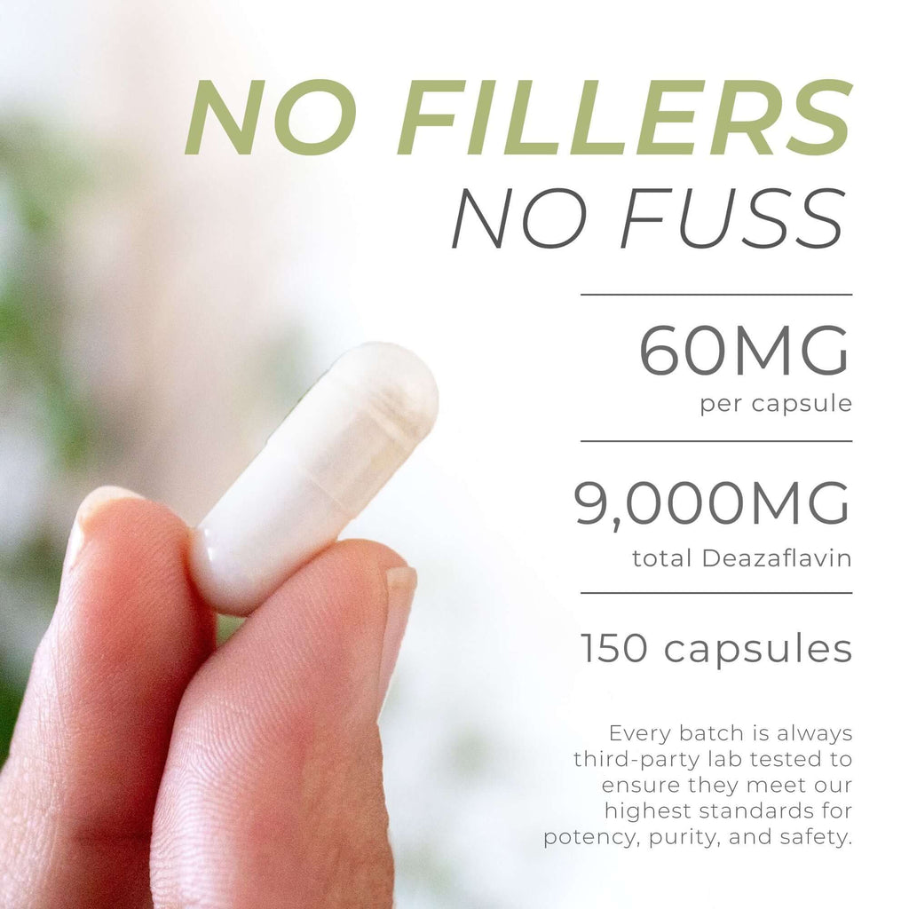 Neurogan Health Deazaflavin capsules, vitamin supplement in clear bottle with label, displayed on a white background.