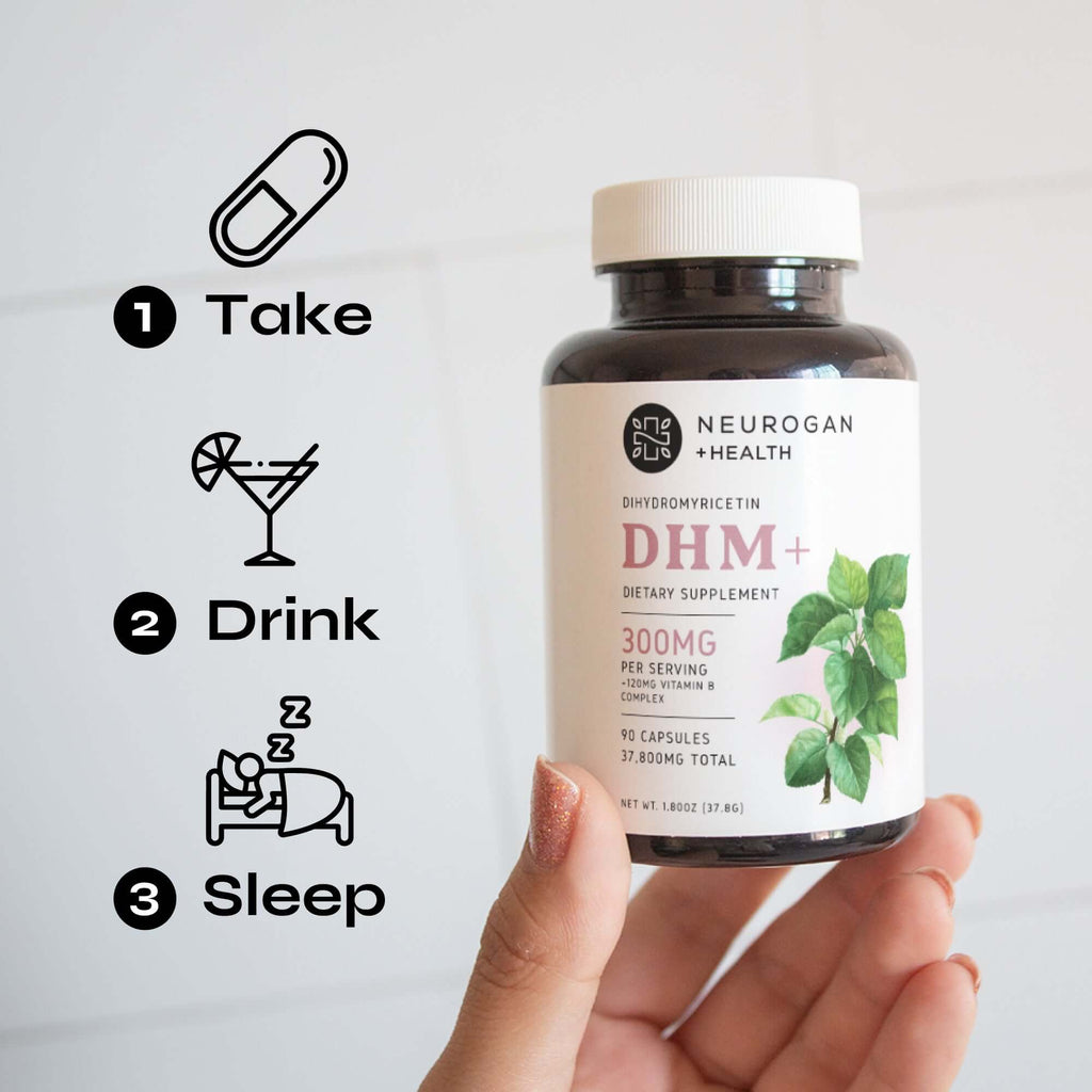 Neurogan Health Dihydromyricetin (DHM) capsules with a spoon and glass of water showing how to take the supplement.