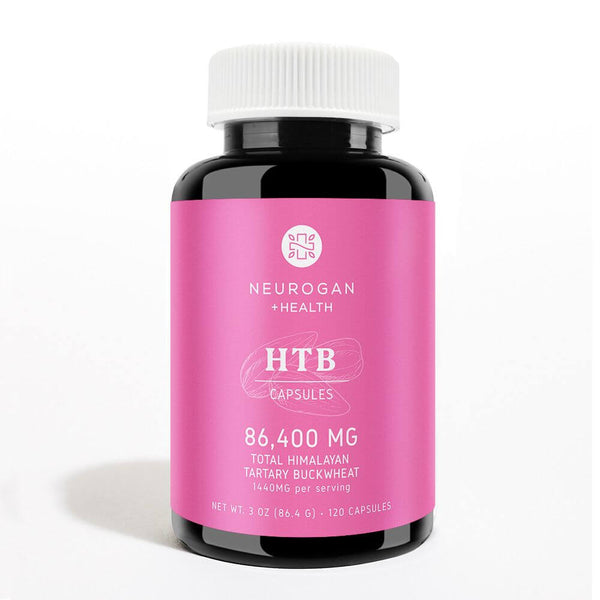Himalayan Tartary Buckwheat capsules from Neurogan Health, showing a close-up of the capsules in a natural setting.