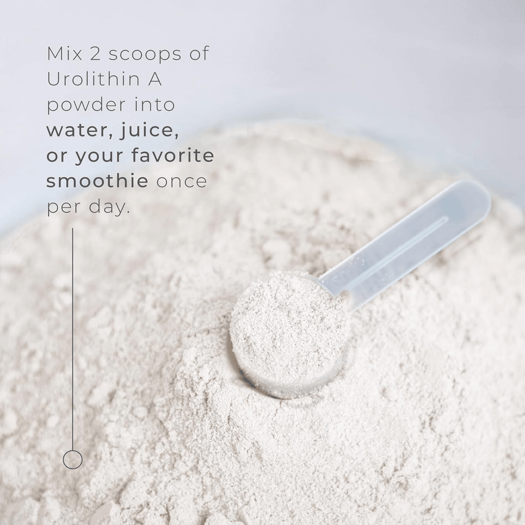 Neurogan Health Urolithin A Powder supplement in a clear glass jar with a scoop, displayed on a neutral background.