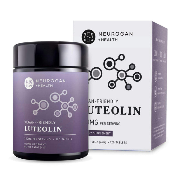 Neurogan Health luteolin tablets, dietary supplement bottles with tablets, close-up of the product packaging for vitamins and supplements.