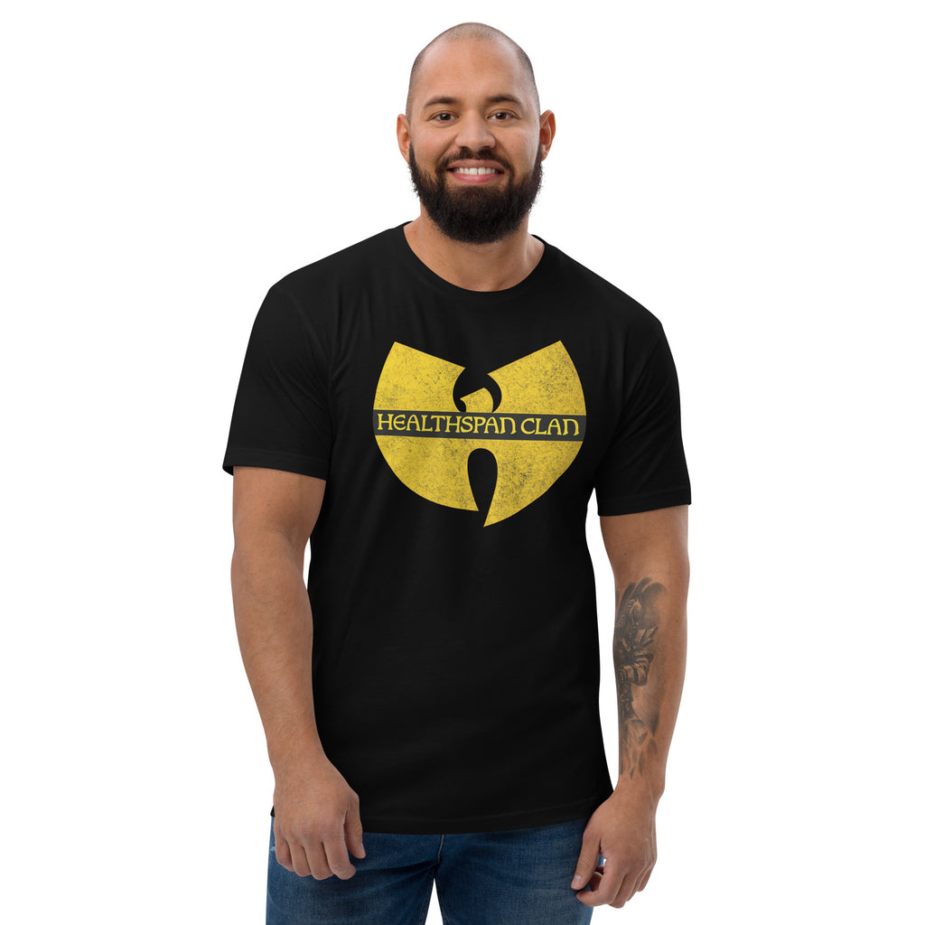 Black men's fitted cotton T-shirt with 'Healthspan Clan' logo on front, by Healthspan Holistic.