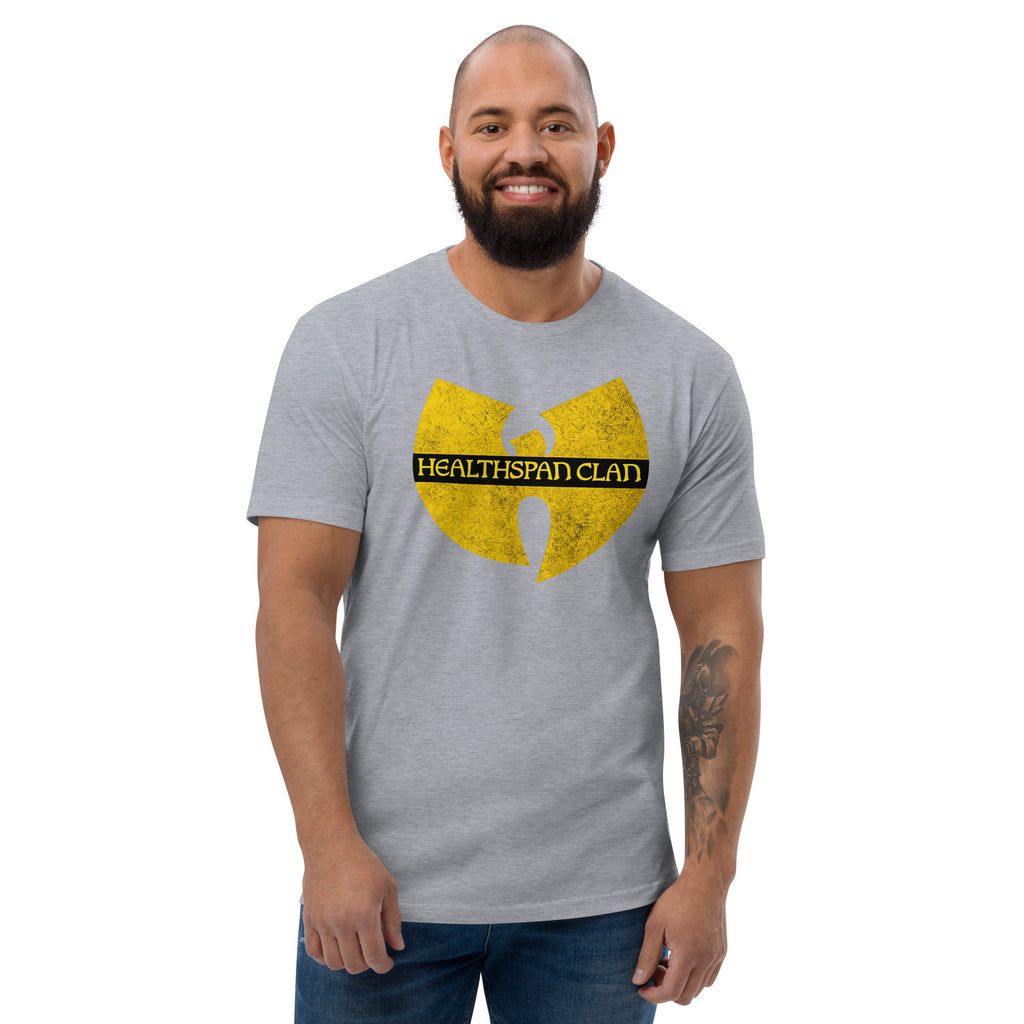 Men's fitted heather grey cotton T-shirt from Healthspan Holistic with 'Healthspan Clan' logo on front.