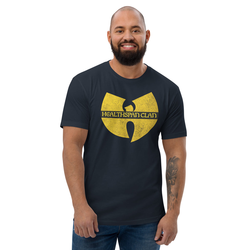 Men's fitted midnight navy cotton T-shirt with 'Healthspan Clan' text front, by Healthspan Holistic, casual and comfortable style.