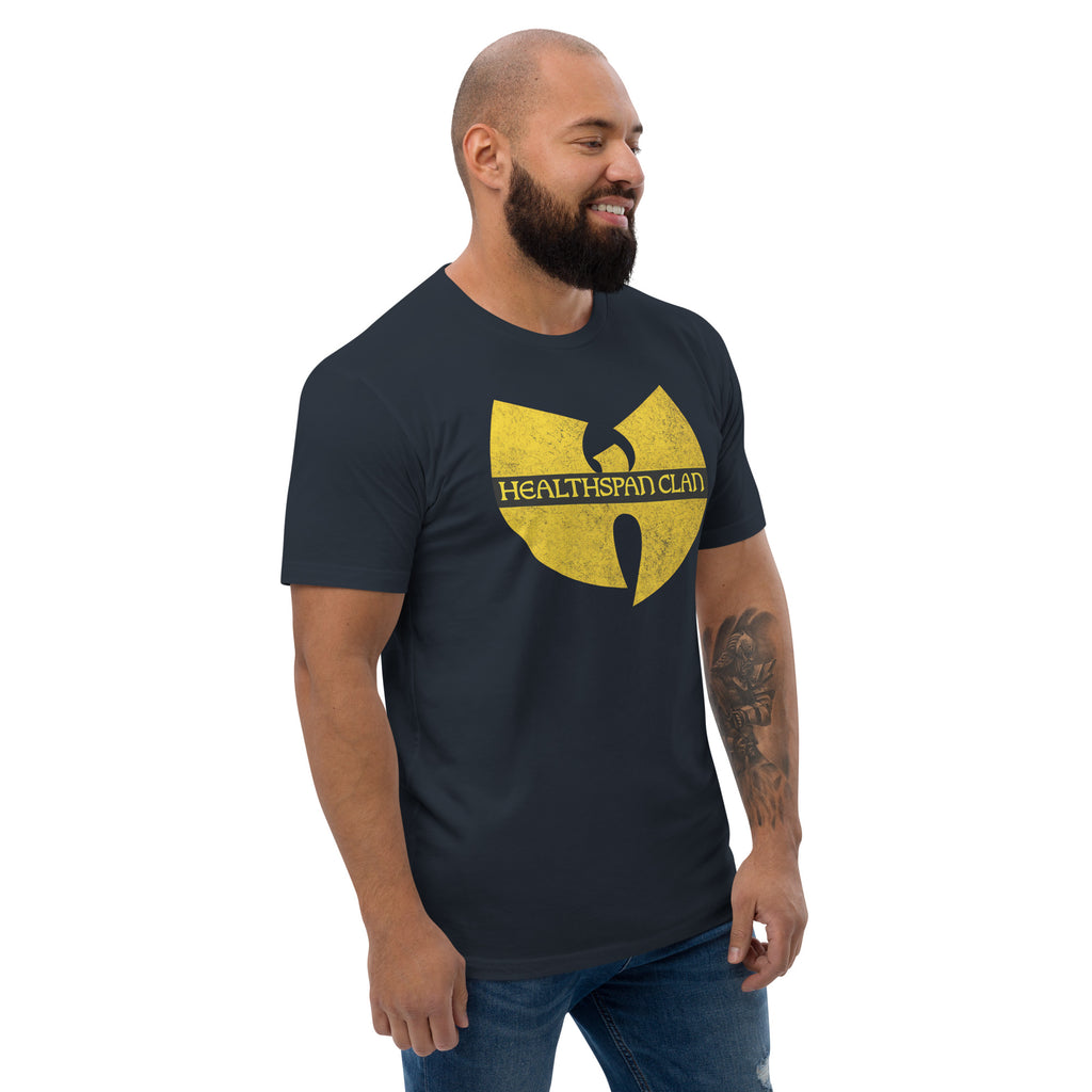 Men's fitted midnight navy cotton T-shirt with 'Healthspan Clan' logo on front, from Healthspan Holistic.