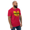 Men's fitted red cotton T-shirt with "Healthspan Clan" logo, shown from front right angle, by Healthspan Holistic.