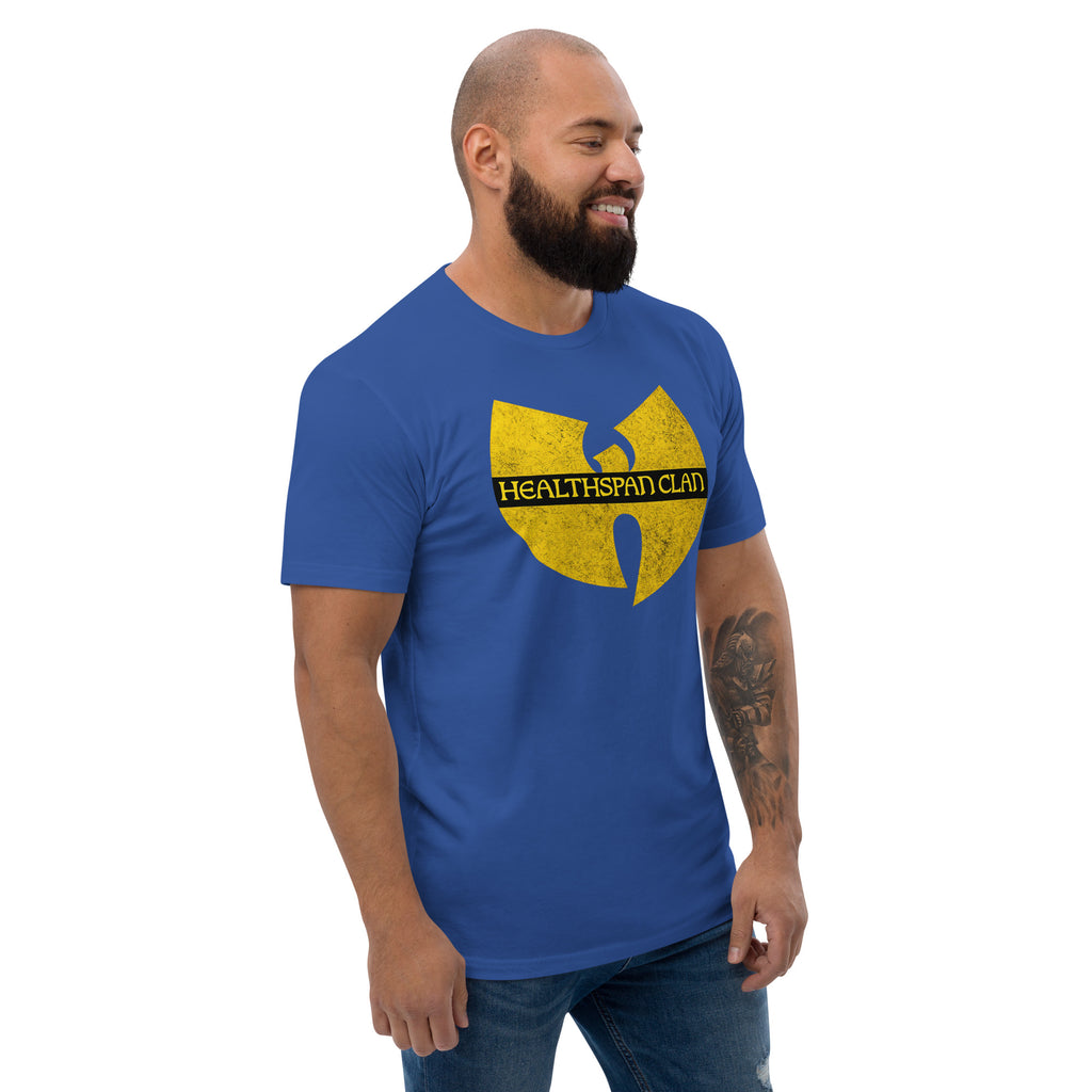 Royal blue men's fitted cotton T-shirt from Healthspan Holistic, featuring a right-front view with a casual, comfortable fit.
