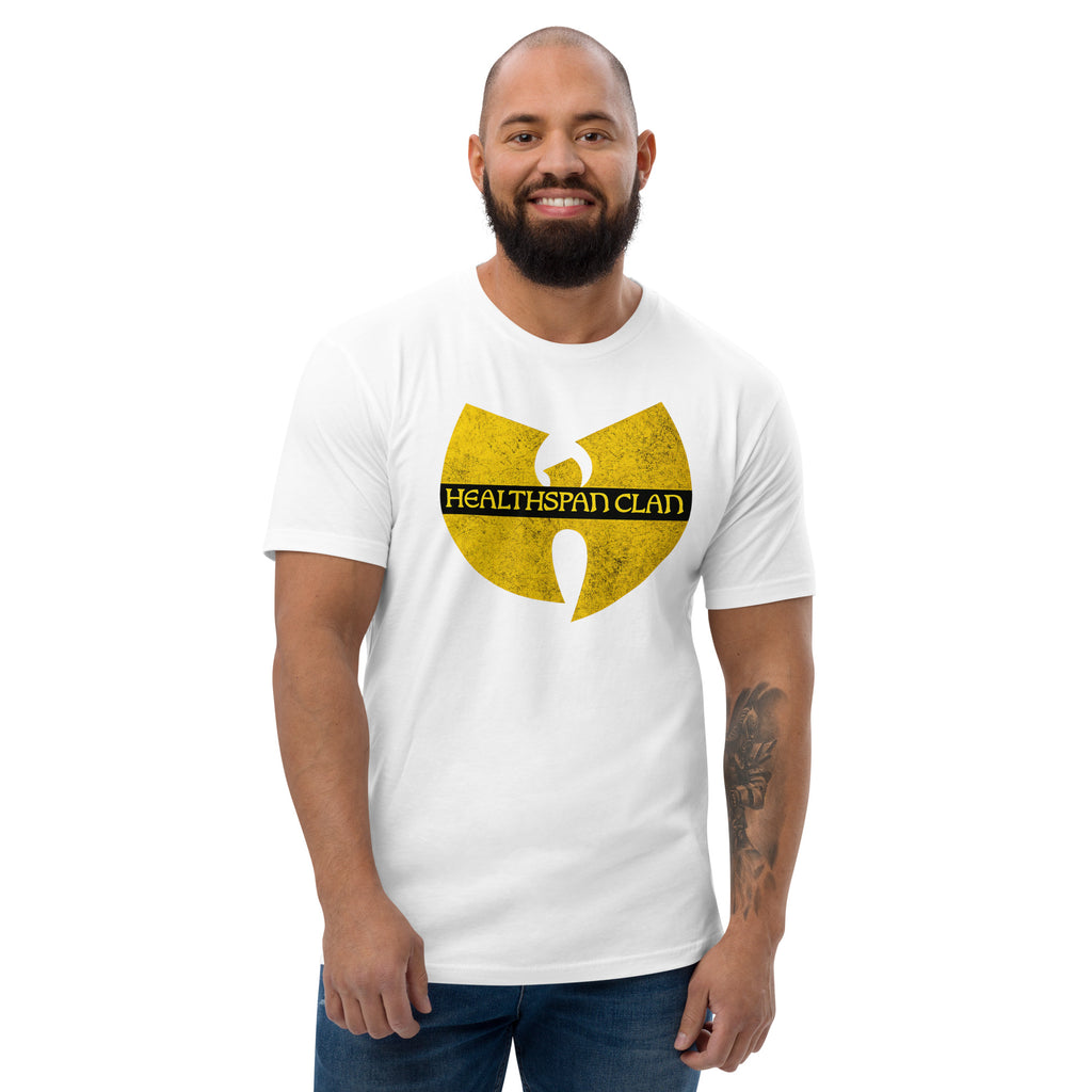 White men's fitted cotton T-shirt with "Healthspan Clan" logo, front view showing casual fit and soft fabric.