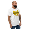 Men's fitted white cotton T-shirt with 'Healthspan Clan' logo on the front, from Healthspan Holistic, shown from the right front angle.