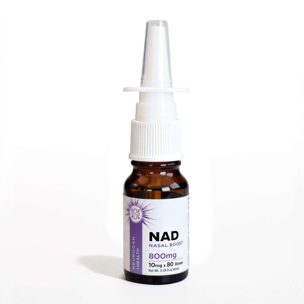 Neurogan Health NAD nasal spray bottle with pump for nasal application and NAD supplement delivery.
