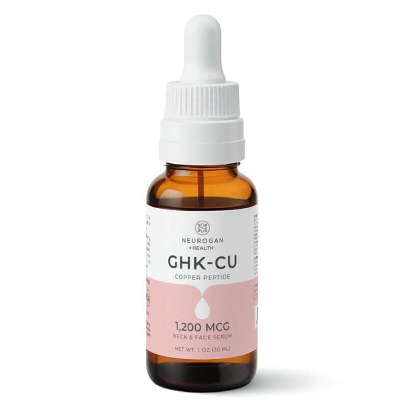 Neurogan Health GHK-Cu Copper Peptide serum for neck and face, shown in a dropper bottle with serum on skin.